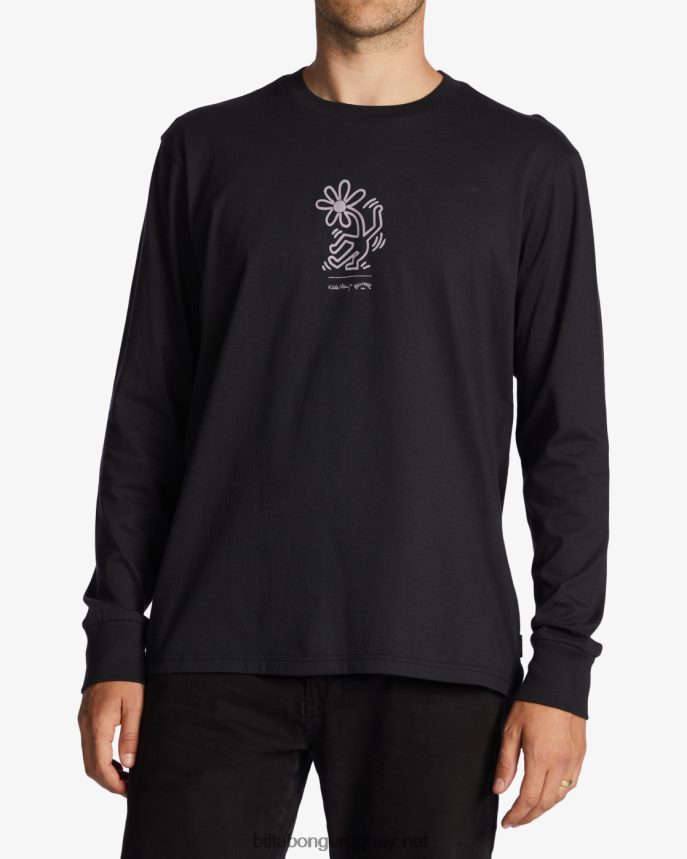 keith haring danza de las flores camiseta de manga larga hombres negro lavado DR6844224 Billabong