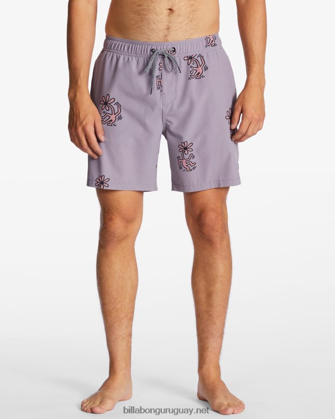 shorts de playa de 17\'\' keith haring flower dance layback hombres gris violeta DR68444 Billabong