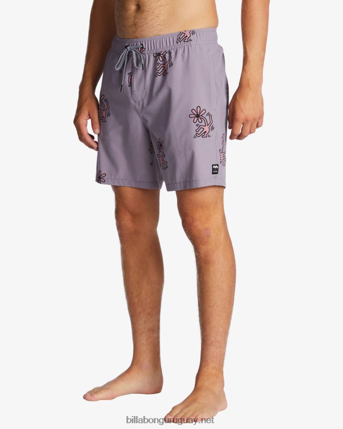 shorts de playa de 17\'\' keith haring flower dance layback hombres gris violeta DR68444 Billabong
