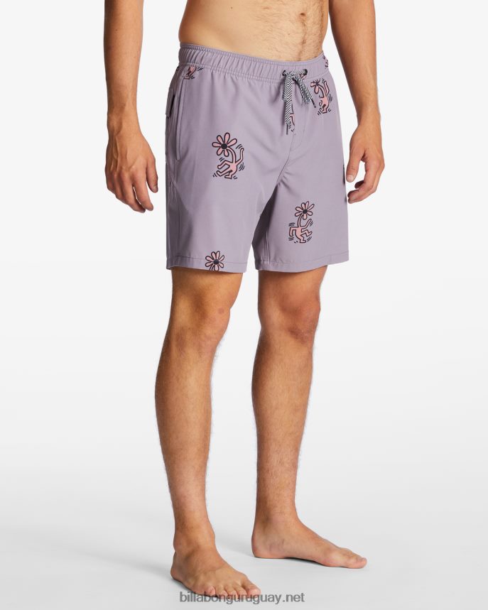 shorts de playa de 17\'\' keith haring flower dance layback hombres gris violeta DR68444 Billabong