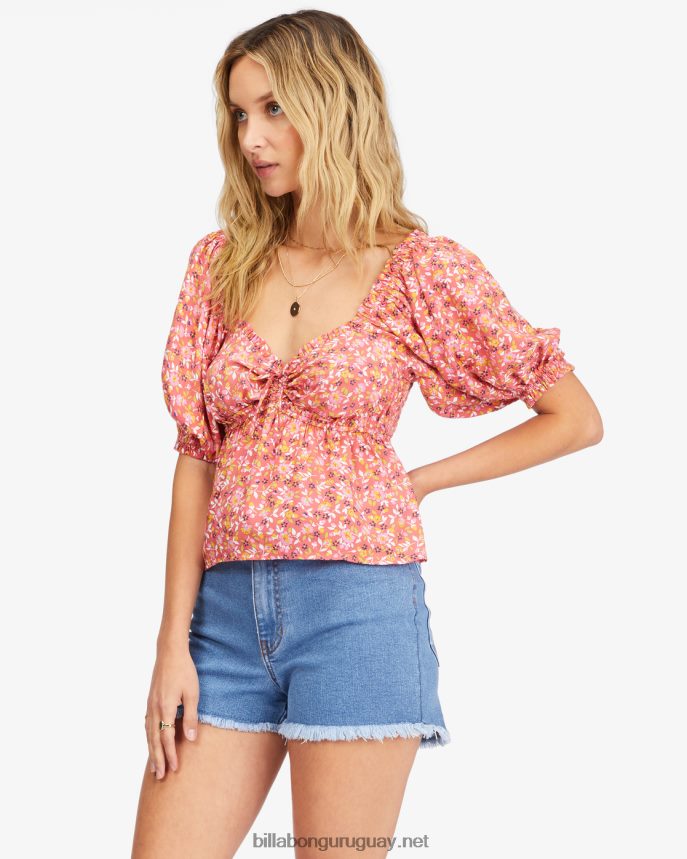 Top corto con mangas abullonadas de Beachy Babe mujer coral de la vendimia DR68442257 Billabong