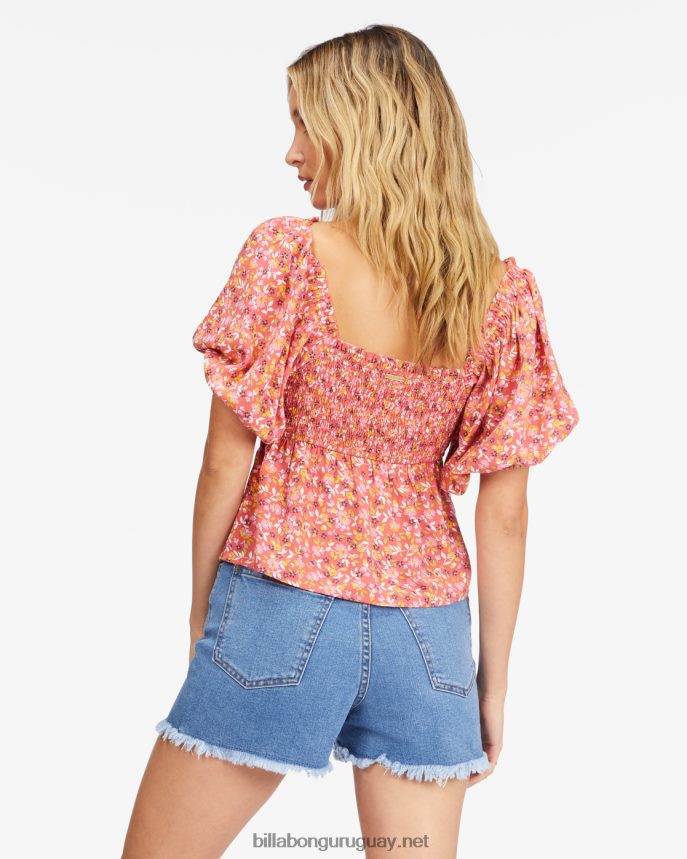 Top corto con mangas abullonadas de Beachy Babe mujer coral de la vendimia DR68442257 Billabong