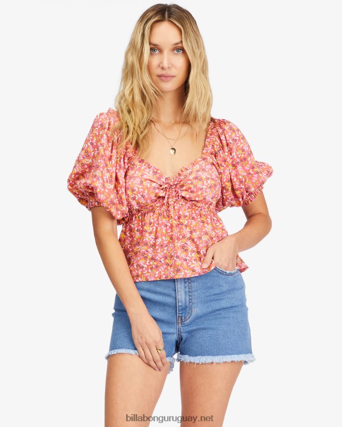 Top corto con mangas abullonadas de Beachy Babe mujer coral de la vendimia DR68442257 Billabong