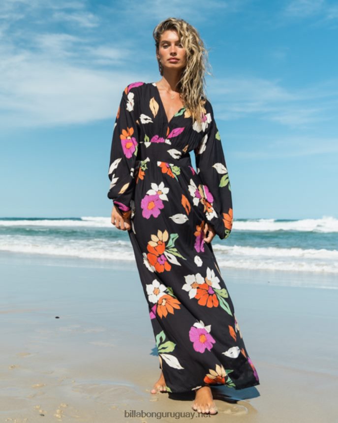 vestido largo de manga larga con flores nocturnas mujer guijarro negro DR68442093 Billabong