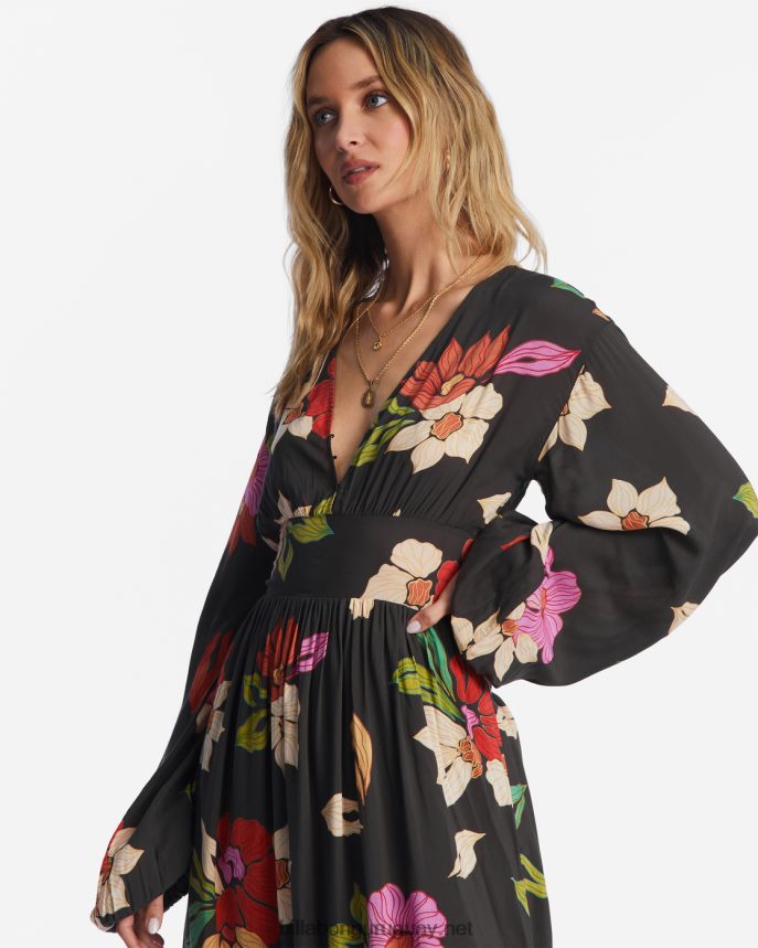 vestido largo de manga larga con flores nocturnas mujer guijarro negro DR68442093 Billabong
